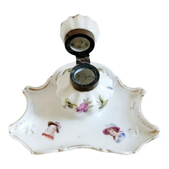 Vtg Hand Painted Porcelain Ink Well and Dish 5" Wide 3 1/2" Tall Floral Design - Picture 9 of 10